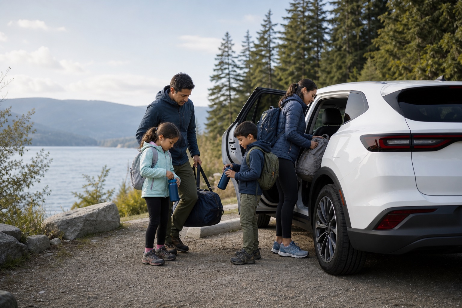 A Canadian family preparing for a trip beside an electric vehicle